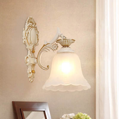 1-Light Frosted Glass Wall Light Fixture Vintage White Floral Corridor Wall Mounted Lamp