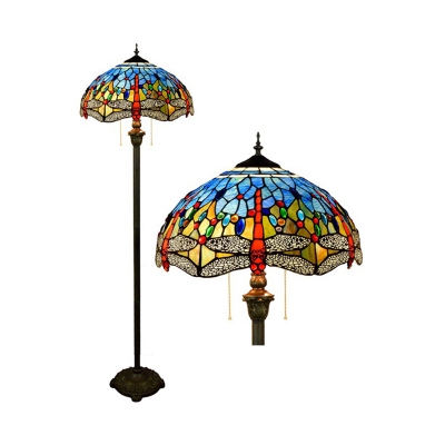 2 Lights Dragonfly Stand Up Lamp Tiffany Blue Hand Cut Glass Floor Light with Pull-Switch