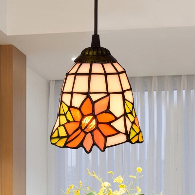 Antiqued Bronze Single Pendant Tiffany Geometric Stained Glass Hanging Ceiling Light