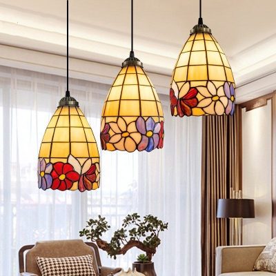Bronze 3-Light Pendant Tiffany Hand-Crafted Glass Bell Hanging Ceiling Light with Flower Pattern