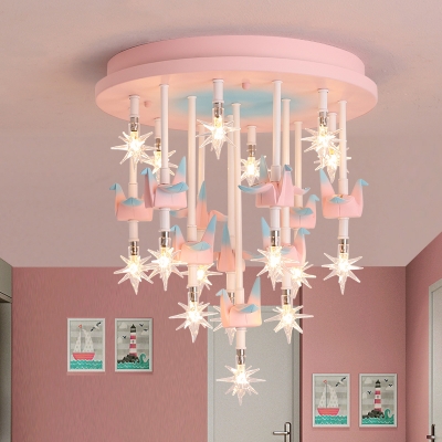 Cartoon Carousel Flush Mount Light Metal 13 Bulbs Kids Bedroom Ceiling Lamp with Star Clear Glass Shade