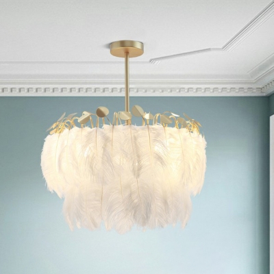 Circular Pendant Lighting Fixture Postmodern Feather White Hanging Lamp for Bedroom