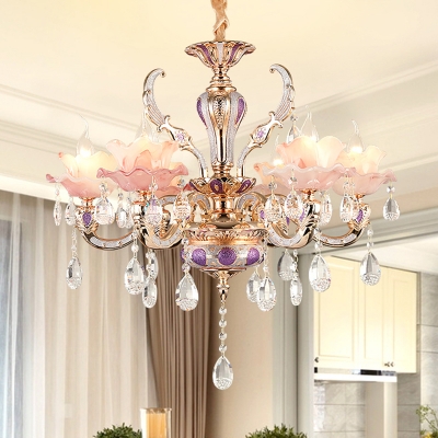 Classic Flower Indoor Lighting Pink Glass Lamp Fixture with Crystal Drapes for Bedroom