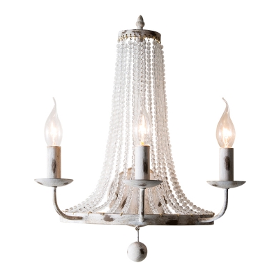 Faux Candle Sconce Light Fixture Rustic White Metallic Wall Lamp with Crystal Bead