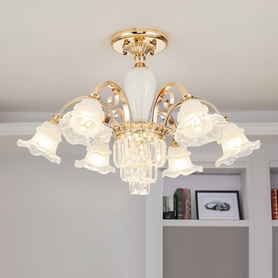 Frost Glass Bell Flower Chandelier Traditional Bedroom Pendant Ceiling Light with Clear Crystal Prisms
