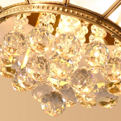 Frosted Patterned Glass Flush Light Rustic Gold Inverted Umbrella Shaped Bedroom Ceiling Lamp with Crystal Orb