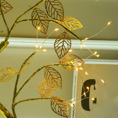 Gold Finish Tree Table Lighting Decorative Metallic USB Charging LED Nightstand Lamp