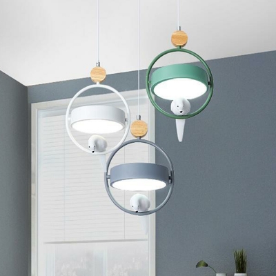 Grey-Green Round Multiple Lamp Pendant Nordic 3-Bulb Acrylic Hanging Light with Metal Ring and Bird