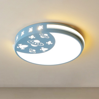 Kids Moon and Spaceship Ceiling Lamp Acrylic Bedroom LED Flush-Mount Light Fixture