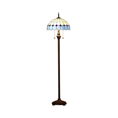 Mediterranean Dome Floor Standing Light 2-Head Cut Glass Floor Lamp in Blue with Pulling Chain