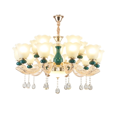 Opal Glass Emerald Green Chandelier Bellflower Retro Style Ceiling Hang Light with Crystal Decoration
