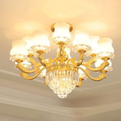 Opal White Glass Bud Chandelier Traditional Living Room Suspension Lighting with Crystal in Gold