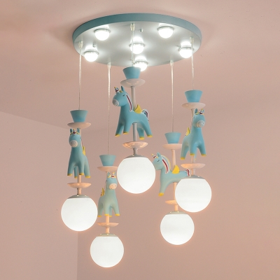 Opaline Glass Ball Multi Ceiling Light Cartoon Hanging Pendant with Decorative Unicorn