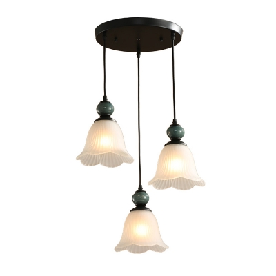 Ribbed Glass Flower Shade Hanging Light Traditional 3 Heads Dining Room Multi Light Pendant in Black