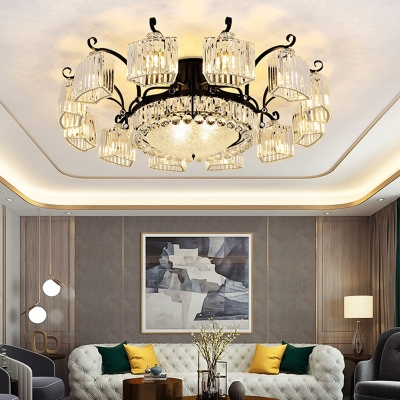 Round Prismatic Crystal Ceiling Light Traditional Living Room Semi Flush Mount Chandelier in Black