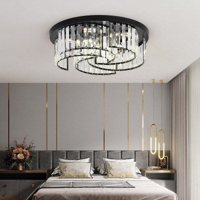 Swirling LED Ceiling Flush Light Modern Black Crystal Prism Flushmount Light for Bedroom