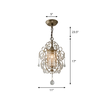 Vintage Swirled Pendant Light Fixture 1-Light Crystal Beaded Hanging Lamp for Bedside