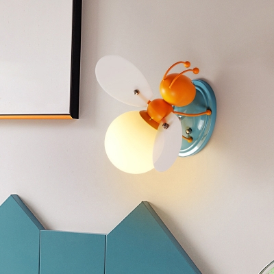 Yellow Bee Shaped Wall Sconce Cartoon 1 Bulb Opal Ball Glass Wall Light for Nursery