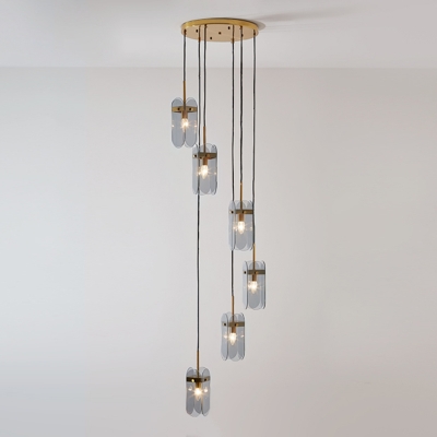 4-Sided Oval Panel Glass Hanging Light Postmodern Brass Finish Multi Pendant Ceiling Light