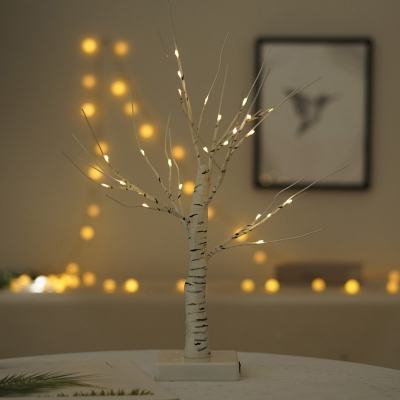 Bare Birch Tree Night Table Light Art Deco Plastic Bedroom USB LED Nightstand Lamp in White