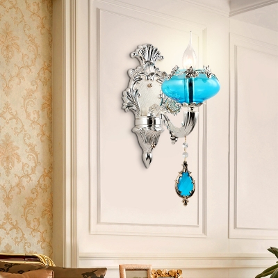 Candle Blue Glass Sconce Light Fixture Classic Dining Room Wall Mounted Lighting in Silver