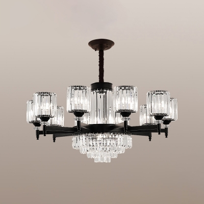 Clear Crystal Cylindrical Pendant Light Traditional Guest Room Chandelier Lamp in Black