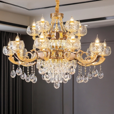 Clear Lattice Glass Bowl Chandelier Traditional Lounge Ceiling Hang Light in Gold with K9 Crystals