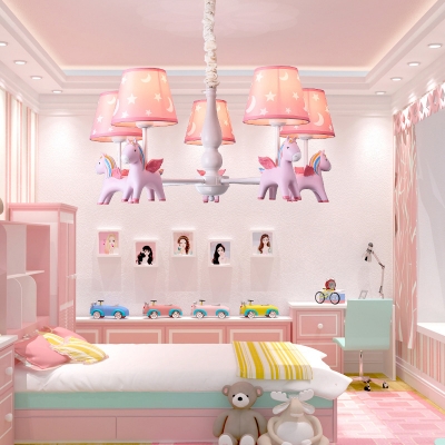 Conic Kids Bedroom Ceiling Light Fabric Cartoon Chandelier with Rainbow Horse Decor
