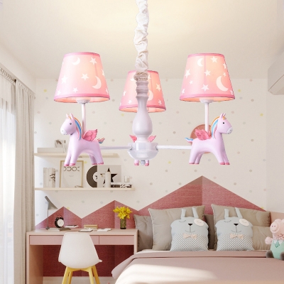 Conic Kids Bedroom Ceiling Light Fabric Cartoon Chandelier with Rainbow Horse Decor
