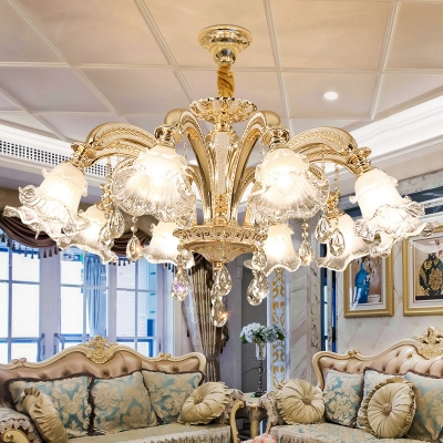 Frost Glass Ceiling Pendant Traditional Gold Flower Shaped Living Room Chandelier with Crystal Drops