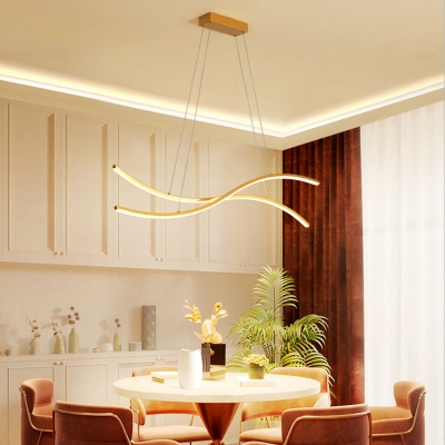 Gold Finish Wavy LED Hanging Lamp Kit Minimalist 2-Head Metal over Island Lighting