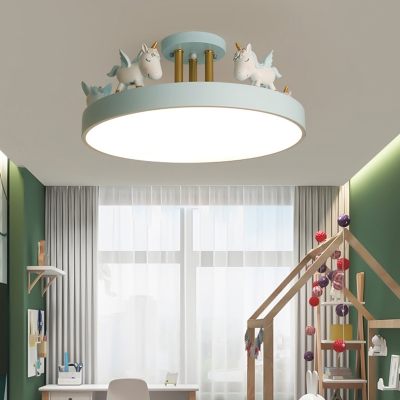 Kids Round LED Semi-Flush Mount Acrylic Bedroom Ceiling Lighting with Unicorn Decoration