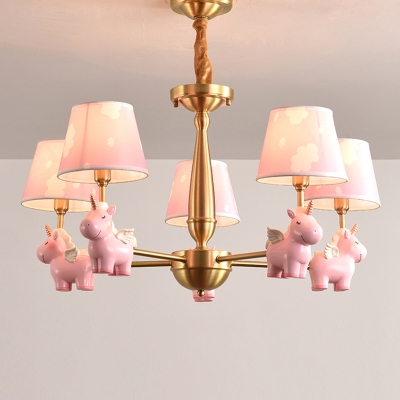 Kids Unicorn Chandelier Resin Baby Room Ceiling Pendant Light with Cone Fabric Shade