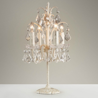 Metal Candlestick Chandelier Table Light Vintage 4-Head Bedroom Night Lamp with Crystal Drop