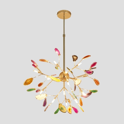 Minimalist Branched Firefly Chandelier Lighting Agate Living Room LED Pendant Light in Gold