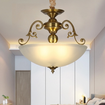 Rustic Bowl Suspension Light 3 Bulbs Frosted Glass Chandelier Light in Gold for Living Room