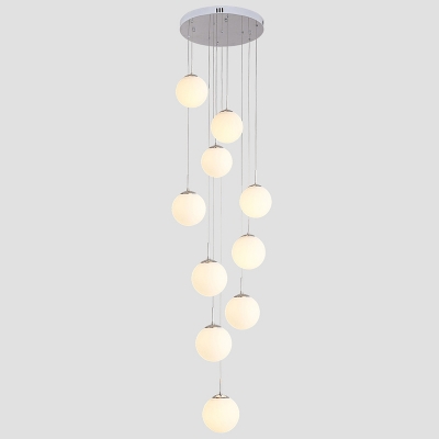 Spherical Multi-Light Pendant Modern Milk Glass 10-Light Duplex House Ceiling Lamp in Silver