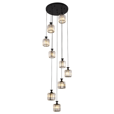 Spiral Staircase Pendant Lighting Crystal 9 Lights Modern Multiple Hanging Lamp with Cylinder Shade