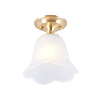 Traditional Flower Shade Flush Mount Light 1-Light Opal Glass Semi Flush Ceiling Light in Gold