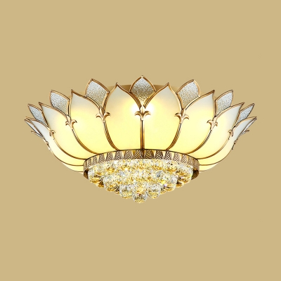 Traditional Lotus Shaped Ceiling Light Opal Frosted Glass Flush Mount Light in Gold