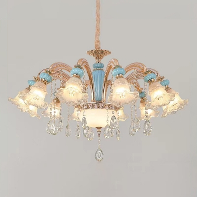 Traditional Ruffled Shade Lamp Frosted Carved Glass Lighting in Blue for Living Room