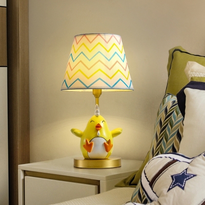 Yellow Chick Shape Night Lighting Cartoon Single Resin Table Lamp with Zigzag Print Fabric Shade