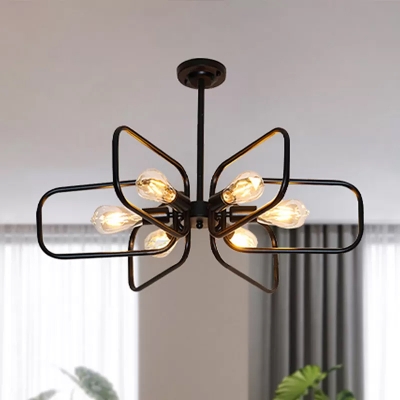 Black Rectangle Ceiling Chandelier Industrial Metal 6-Head Dining Room Hanging Light with Sputnik Design