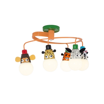 Animal Head Kindergarten Ceiling Light Metal Cartoon Semi Flush Mount Lighting in Orange