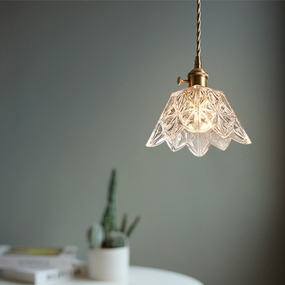 Brass Flower Pendant Lighting Fixture Loft Textured Glass 1 Bulb Restaurant Pendulum Light