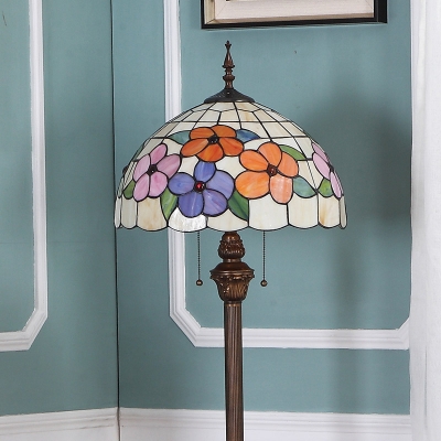Dome Shade Pull-Switch Floor Lamp Tiffany Cut Glass 2 Bulbs Beige Standing Light