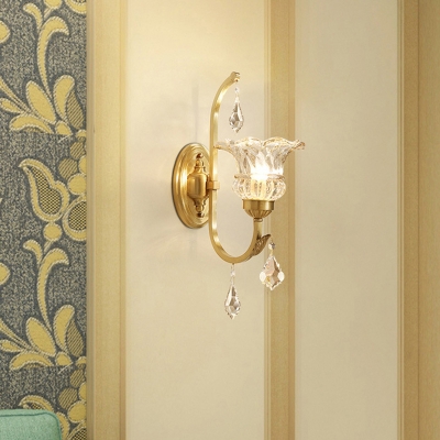 Flower Bedroom Wall Light Kit Traditional Clear Glass Gold Wall Sconce with Swooping Arm