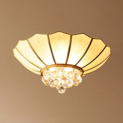 Frosted Patterned Glass Flush Light Rustic Gold Inverted Umbrella Shaped Bedroom Ceiling Lamp with Crystal Orb