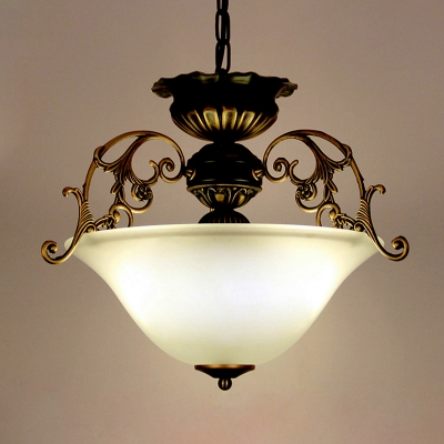 Gold-Black Bowl Chandelier Light Retro Frosted Glass 3 Bulbs Living Room Pendant Light Fixture