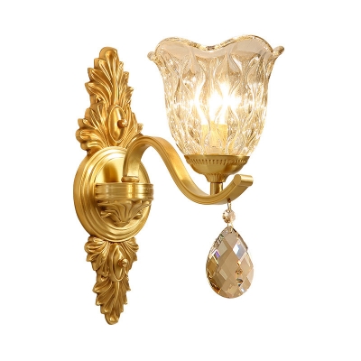 Gold Finish Single-Bulb Wall Light Classic Clear Textured Glass Flower Sconce Lamp for Bedroom